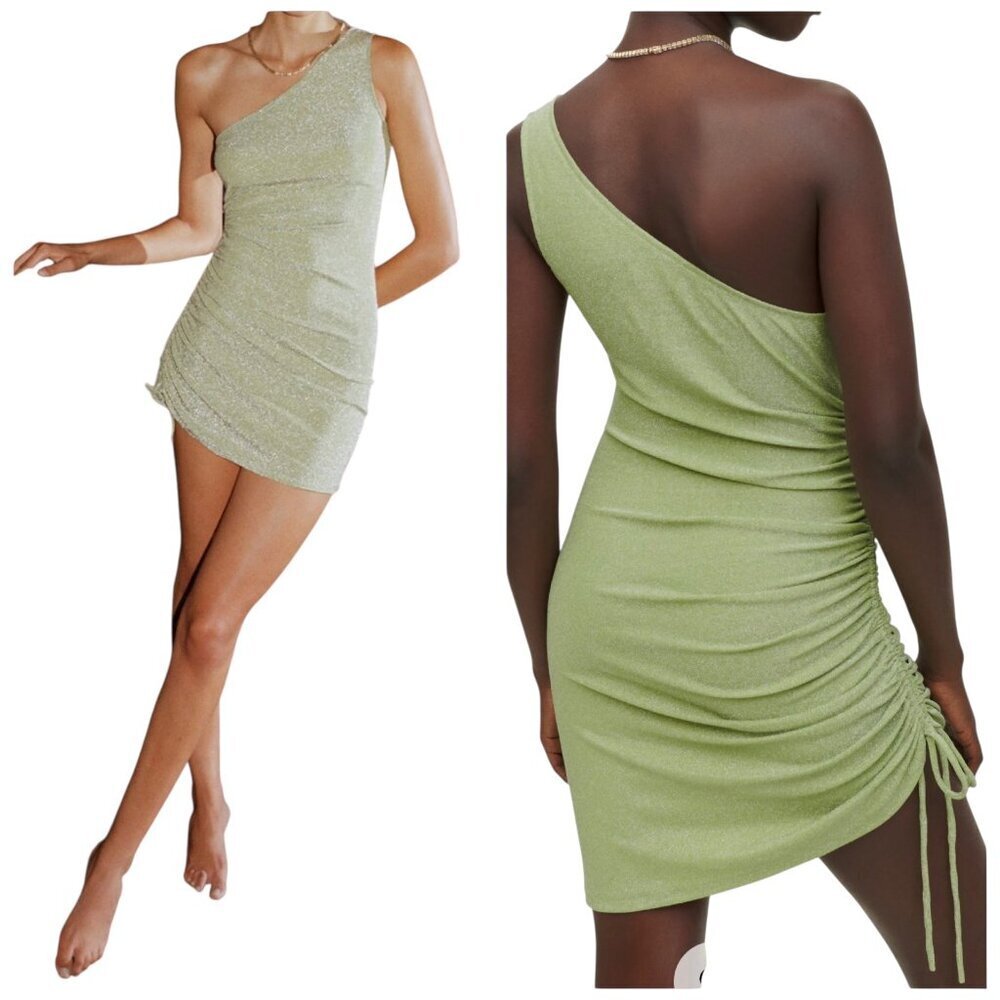 Reformation Jilian One Shoulder Shimmer Knit Dress Lime Green L